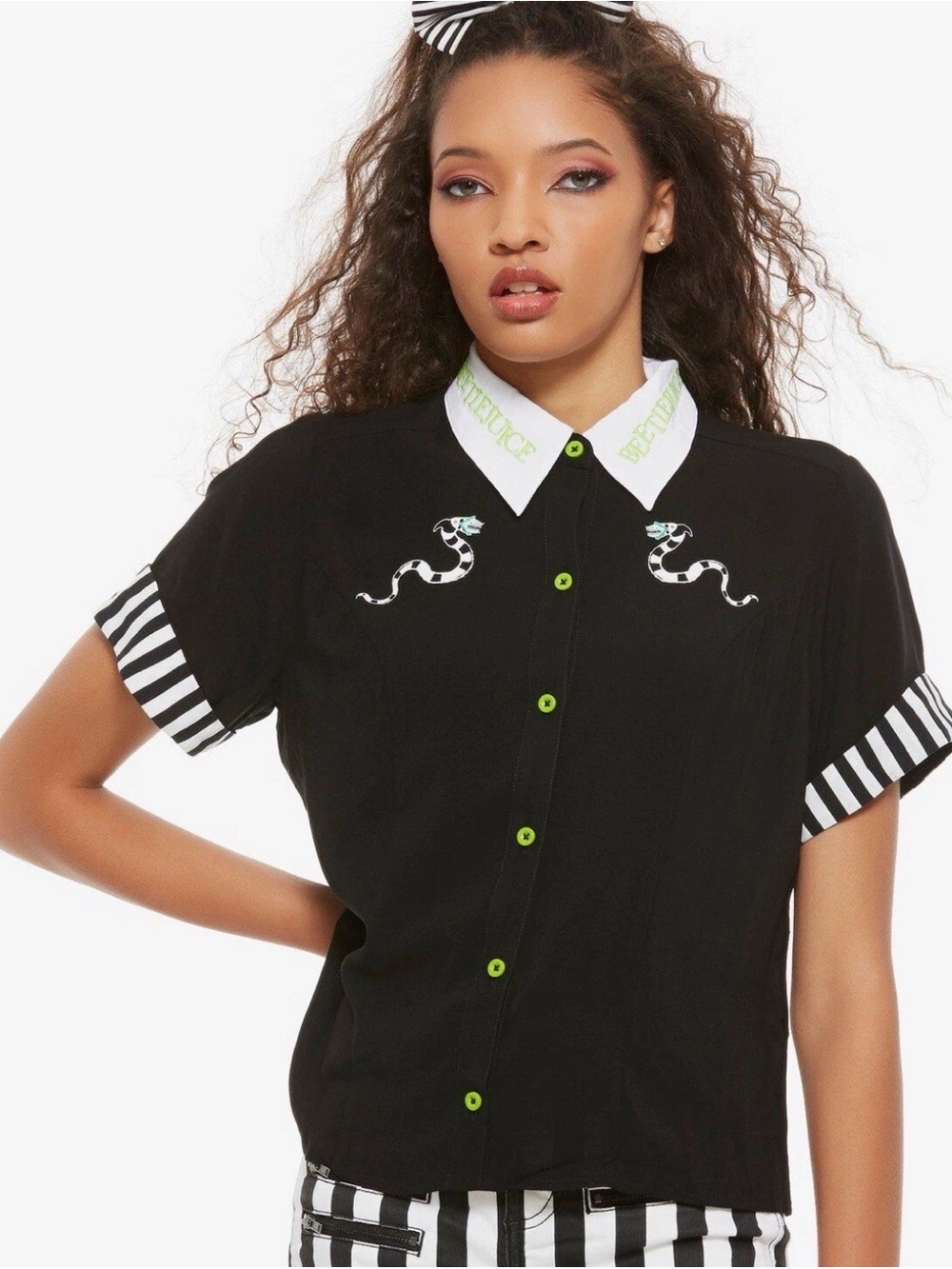 Beetlejuice Women Top Black Sandworm Button Up Logo Embroidered Collar Size 1